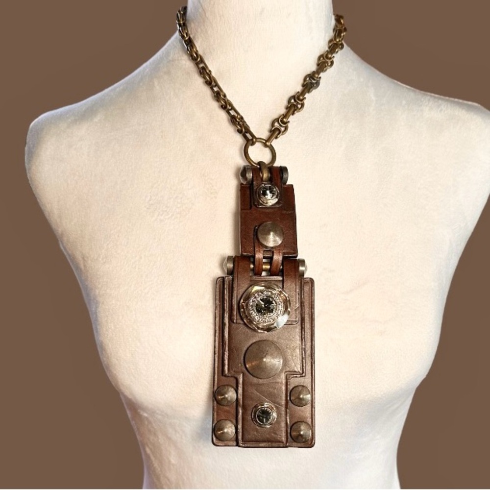 Lanvin Paris Crystal & Copper Studded Leather Statement Necklace RARE